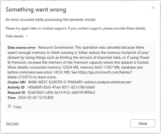 JB001 Figure 7 - Error dialog in Fabric showing a Resource Governance data source error: the operation was canceled because there was not enough memory, with consumed memory of 12024 MB against a memory limit of 11267 MB