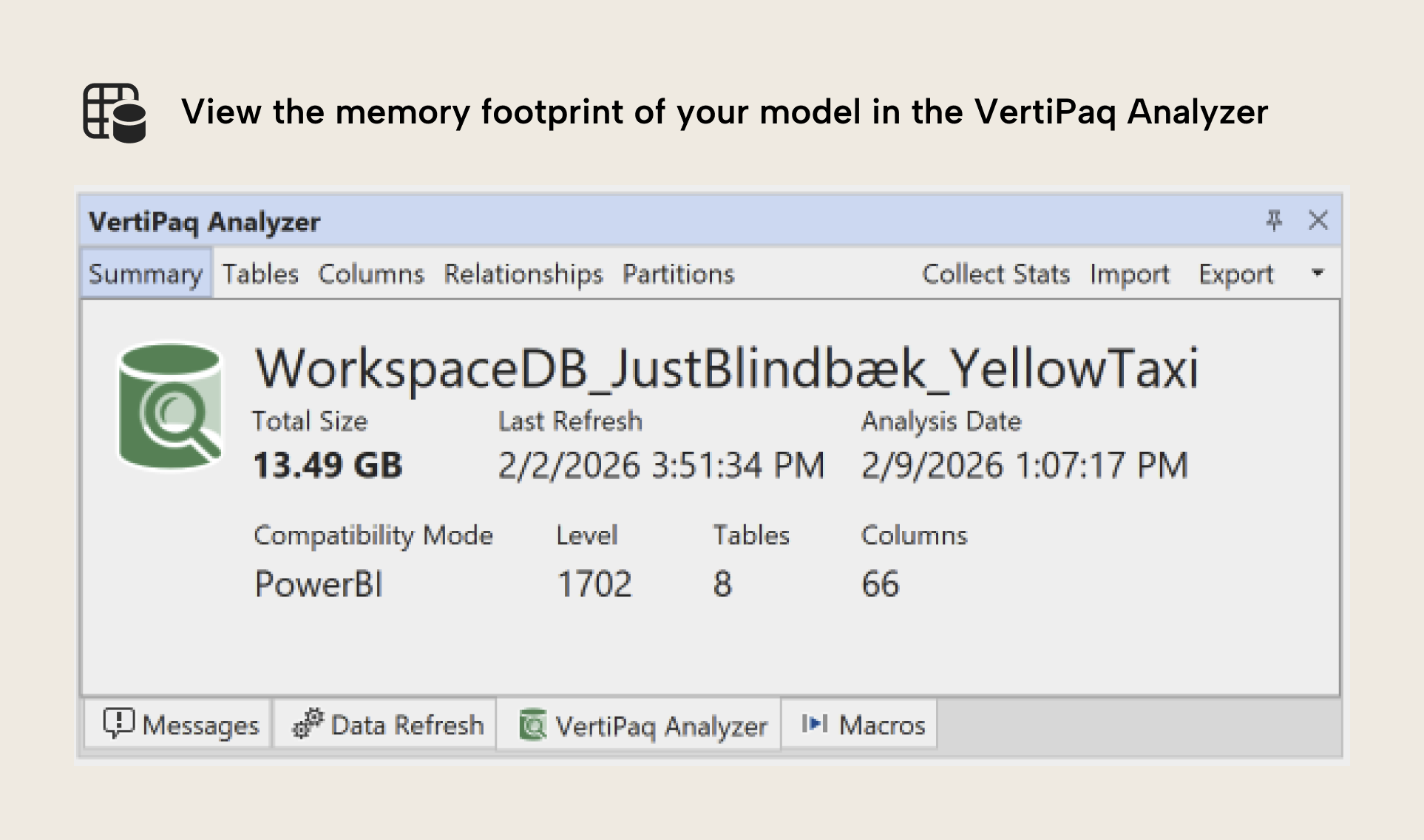 JB001 Figure 9 - The VertiPaq Analyzer Summary tab in Tabular Editor showing model statistics: total size of 13.49 GB, 8 tables, 66 columns, with compatibility mode PowerBI at level 1702