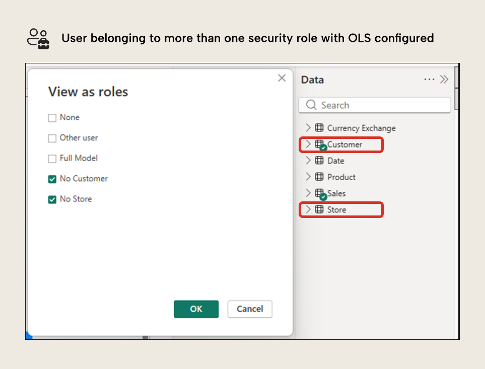 BA003 Figure 9 - View as roles dialog showing a user belonging to both No Customer and No Store roles with Customer and Store tables visible demonstrating OLS union behavior