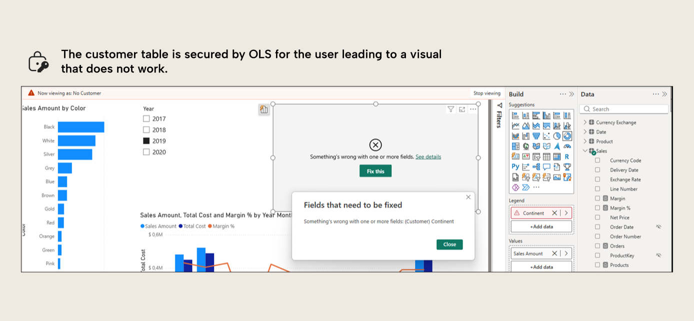 BA003 Figure 8 - Power BI report showing an error when OLS restricts access to a table used in a visual with Fields that need to be fixed dialog