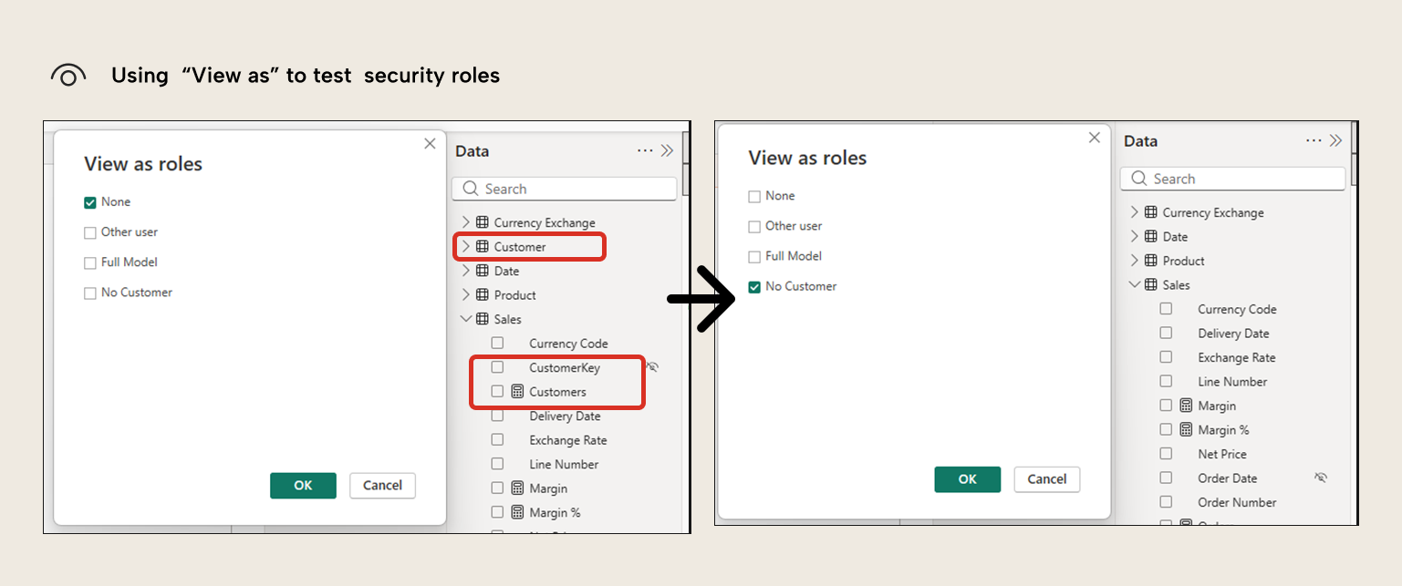 BA003 Figure 7 - Power BI View as roles dialog showing before and after comparison when testing OLS with the No Customer role hiding the Customer table and CustomerKey column