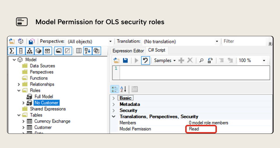 BA003 Figure 3 - Tabular Editor showing the Model Permission property set to Read for the No Customer security role used with OLS