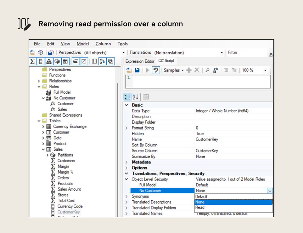 BA003 Figure 5 - Tabular Editor showing how to remove read permission on the CustomerKey column in the Sales table using Object Level Security