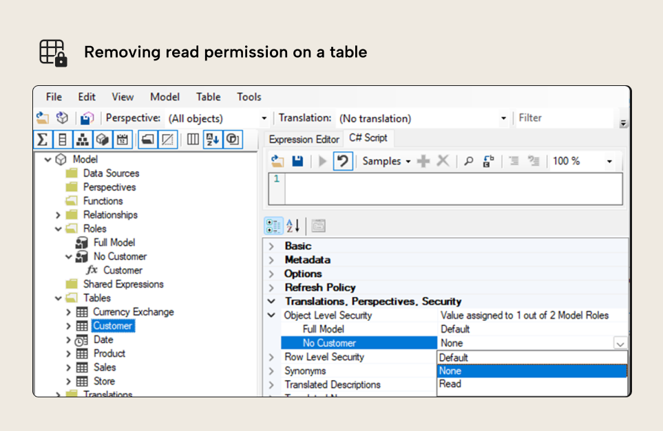BA003 Figure 4 - Tabular Editor interface showing how to remove read permission on the Customer table by setting Object Level Security to None