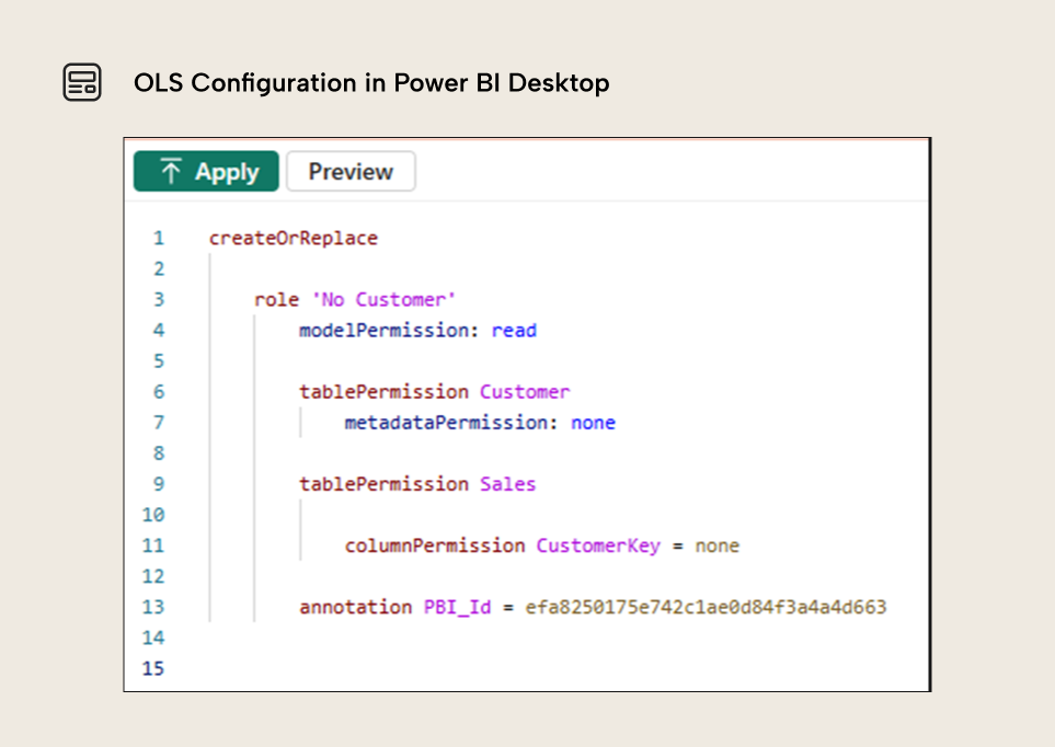 BA003 Figure 6 - TMDL code showing OLS configuration with the No Customer role including tablePermission for Customer and columnPermission for CustomerKey set to none
