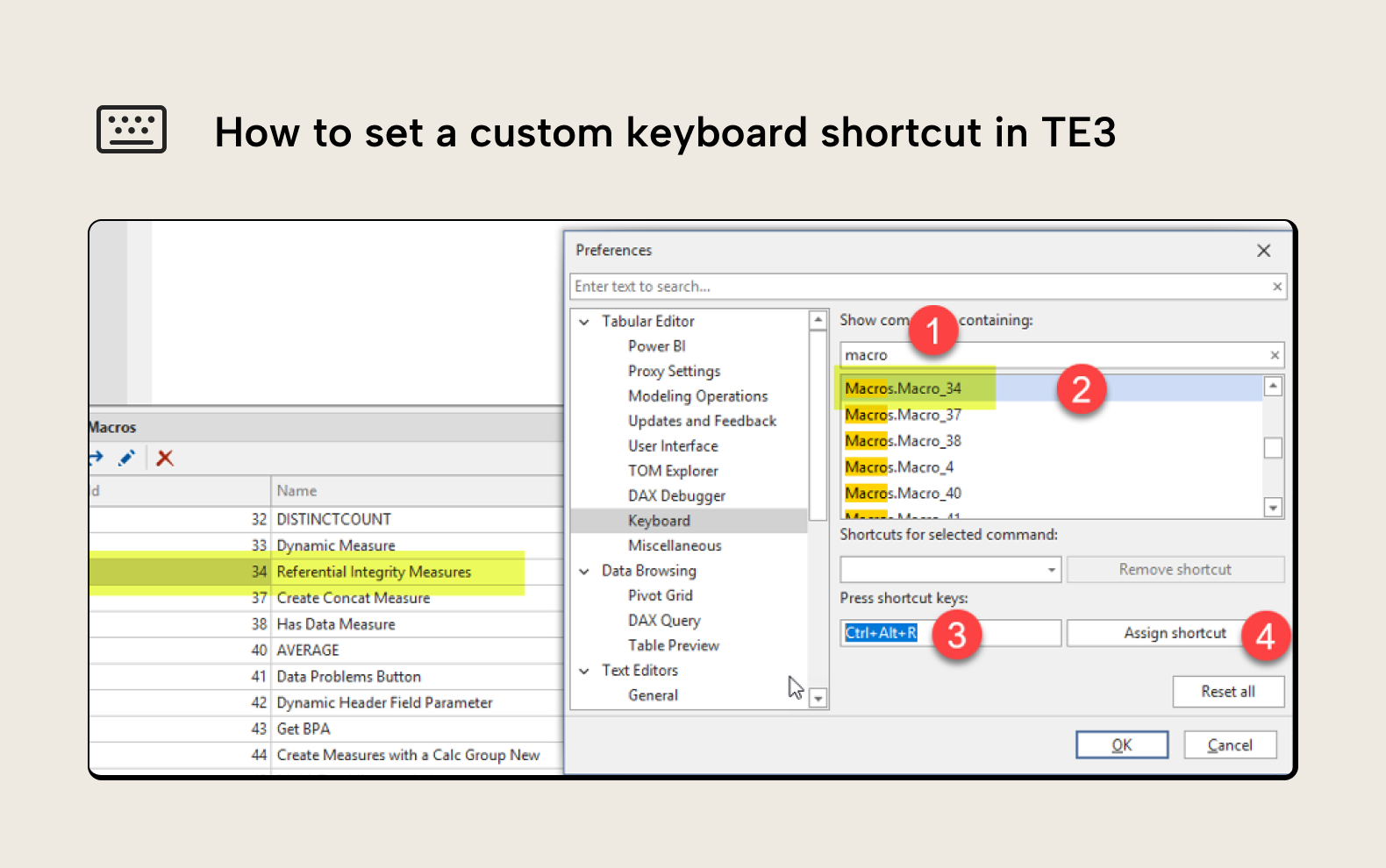 BA004 Figure 5 - Step-by-step guide showing how to assign a keyboard shortcut to a macro in Tabular Editor 3: search for macro, select the macro number matching your saved macro ID, enter the shortcut keys, and click Assign shortcut