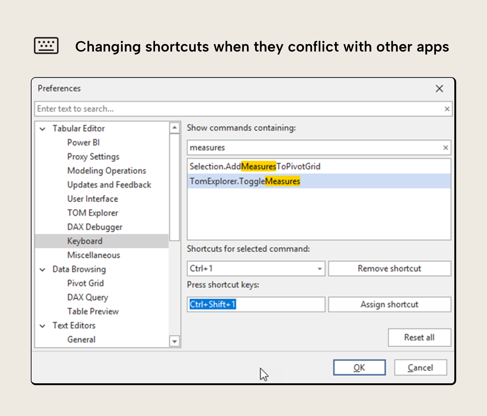 BA004 Figure 8 - The Tabular Editor 3 Preferences dialog showing how to resolve a shortcut conflict by remapping the ToggleMeasures command from Ctrl+1 to Ctrl+Shift+1
