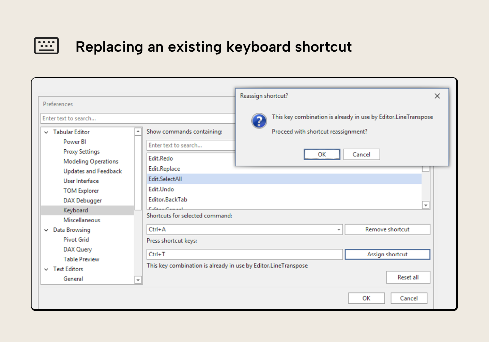 BA004 Figure 6 - The Tabular Editor 3 Preferences dialog showing a shortcut conflict warning when attempting to assign Ctrl+T to a command, with a confirmation dialog asking whether to proceed with the reassignment