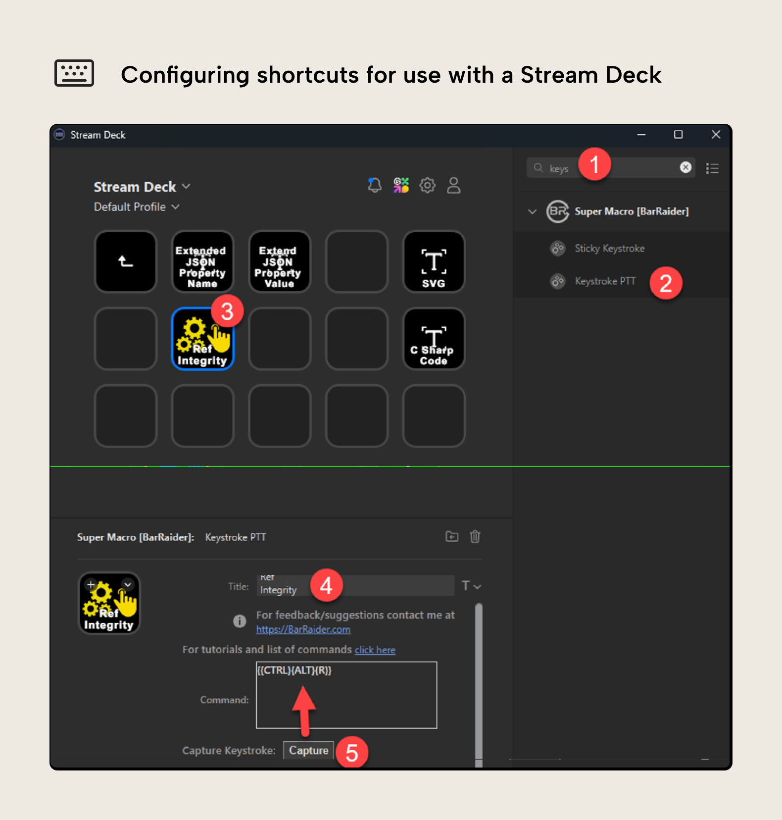 BA004 Figure 9 - The Stream Deck application showing how to configure a button to execute a Tabular Editor macro using the Keystroke PTT action from the SuperMacro add-in, with numbered steps highlighting the key configuration options