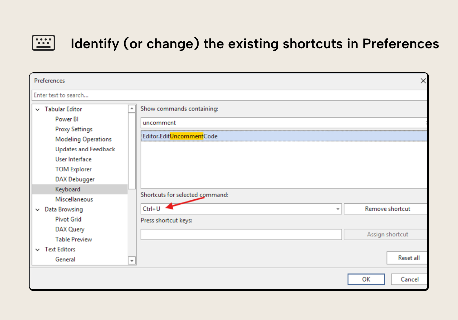 BA004 Figure 3 - The Preferences dialog in Tabular Editor 3 with the Keyboard section selected, showing how to search for commands and view their assigned shortcuts, with the uncomment command highlighted showing Ctrl+U