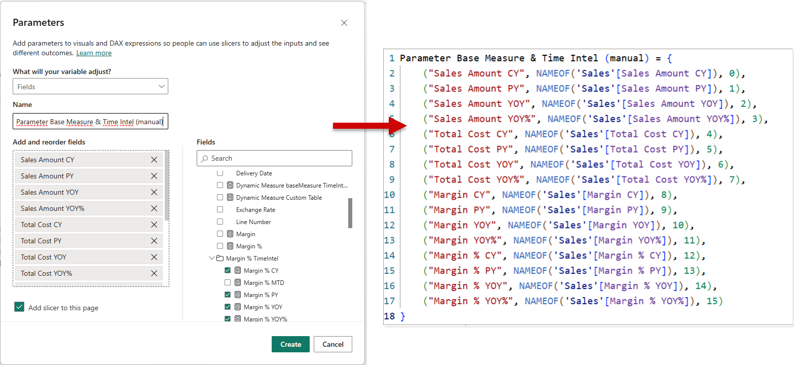 BA005 Figure 15 - Side-by-side comparison: Power BI Desktop's default Field Parameters dialog produces only three columns (display name, field, sort order), while the "Create Field Parameter (with Properties)" script generates a table with extra baseMeasure and TimeIntel grouping columns