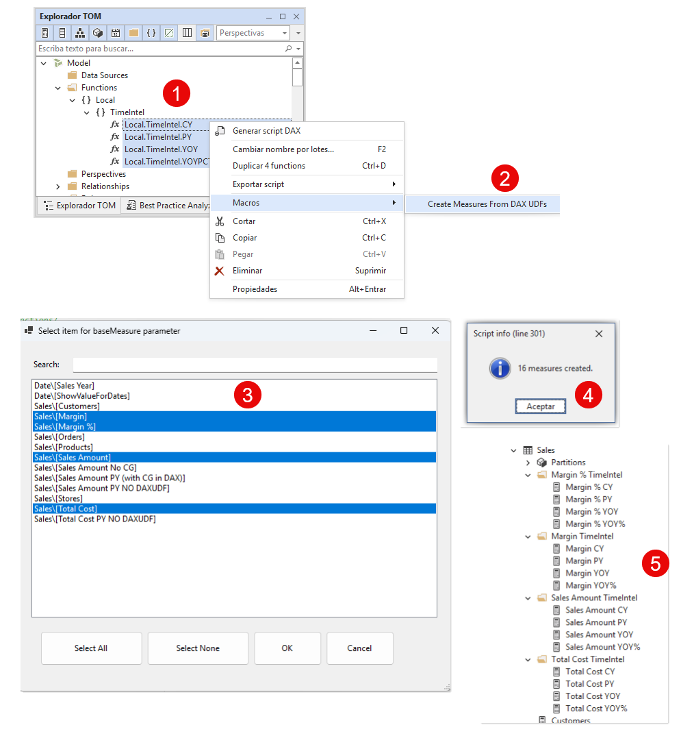 BA005 Figure 14 - Five-step Tabular Editor screenshot of the "Create Measures From DAX UDFs" macro: picking time-intel DAX UDFs in the TOM Explorer, running the macro, selecting base measures, seeing the "16 measures created" confirmation, and the resulting measures organized in display folders
