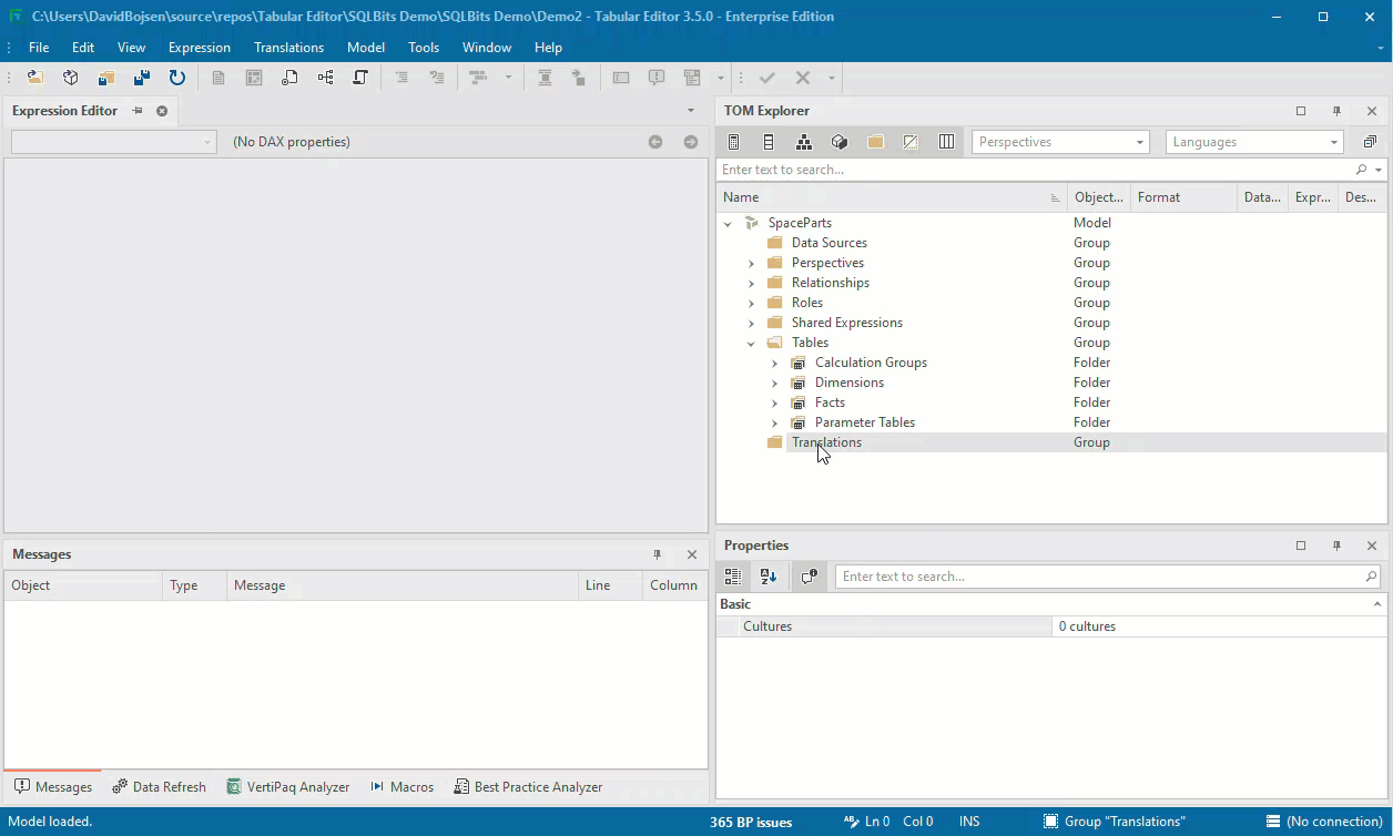 Creating the target languages under Translations in Tabular Editor
