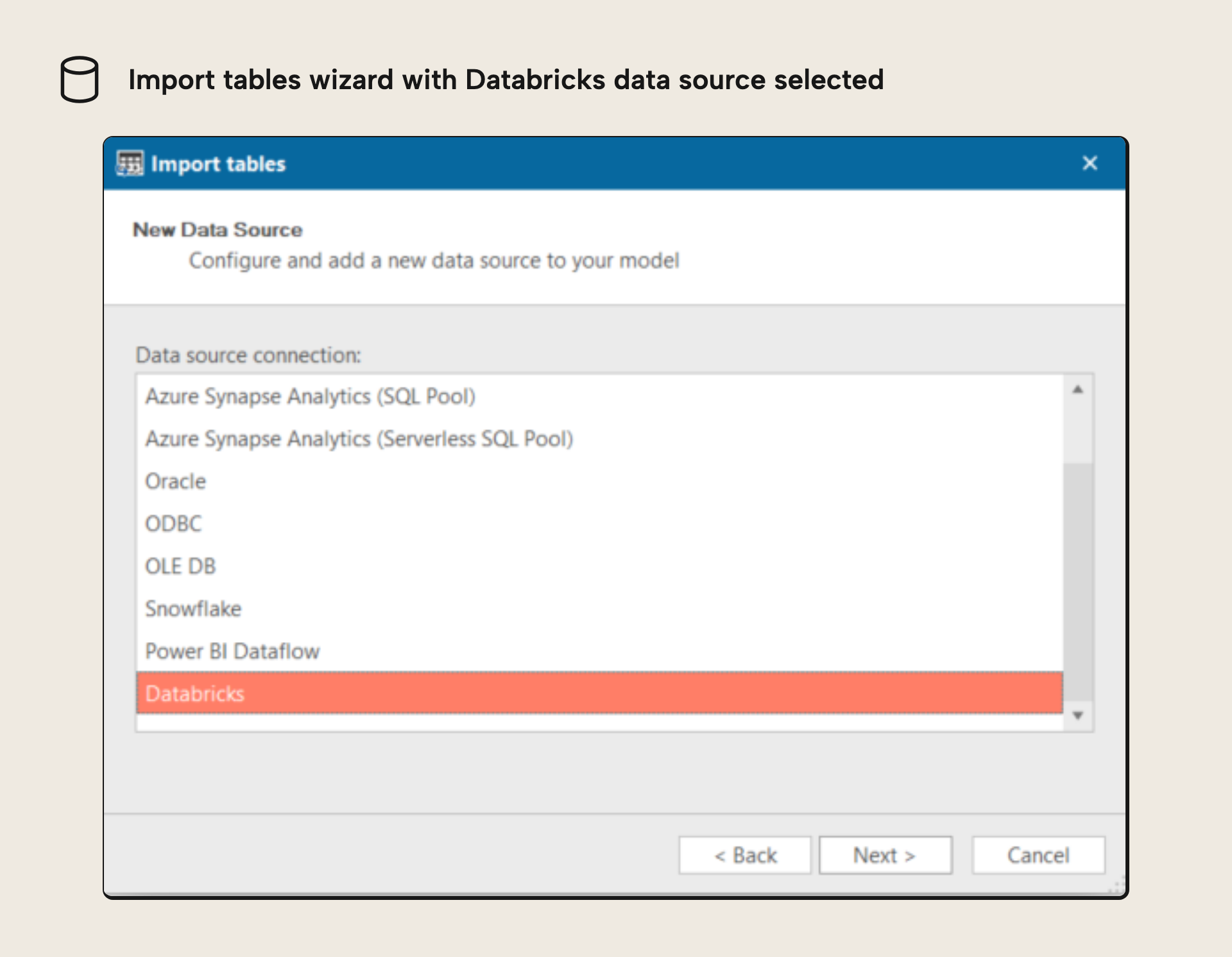 Connect to Databricks and import table metadata, when working on a Power BI Dataset inside TE3