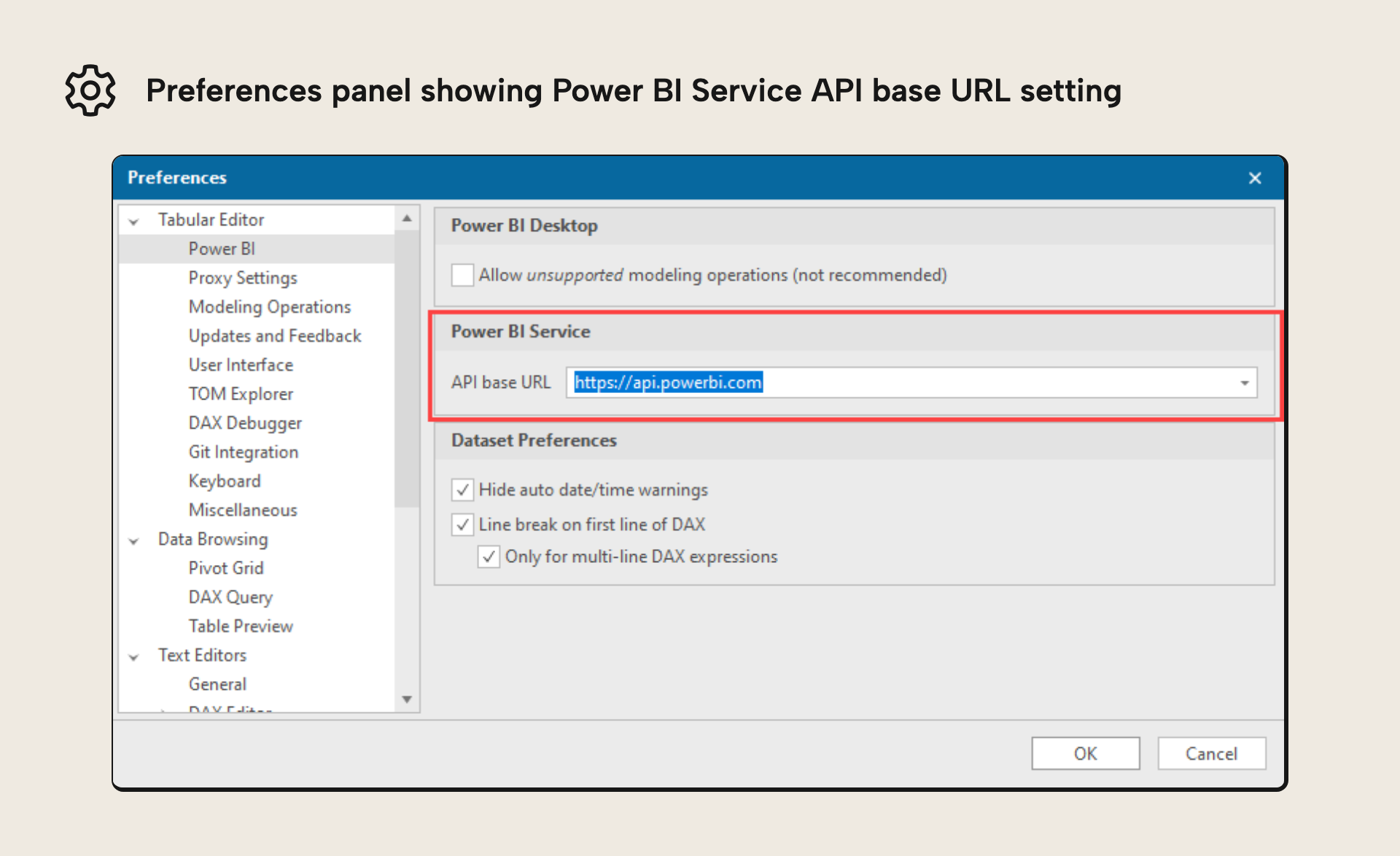 The Power BI Service base URL setting under Tools, Preferences