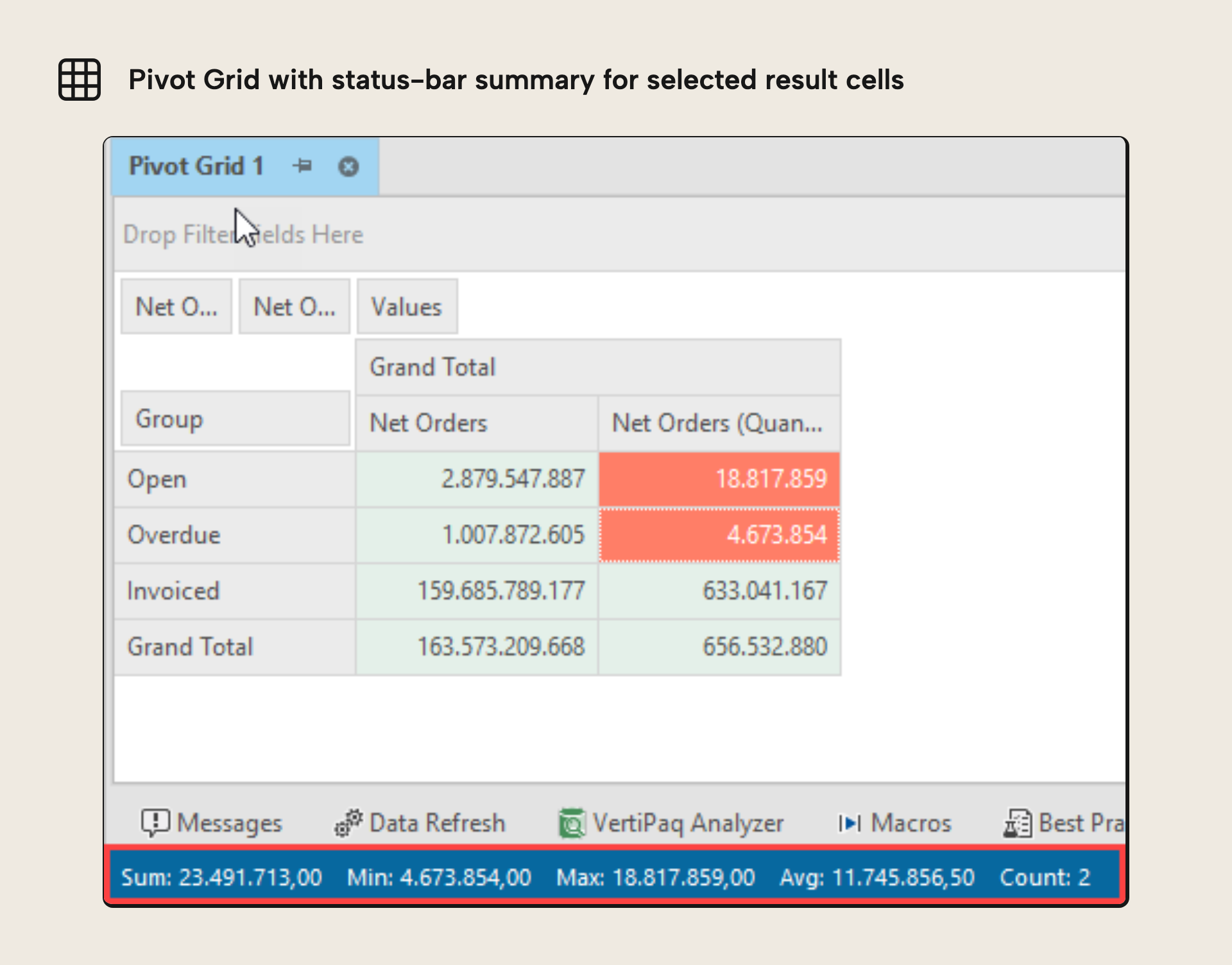 The status-bar quick summary of selected DAX query result cells