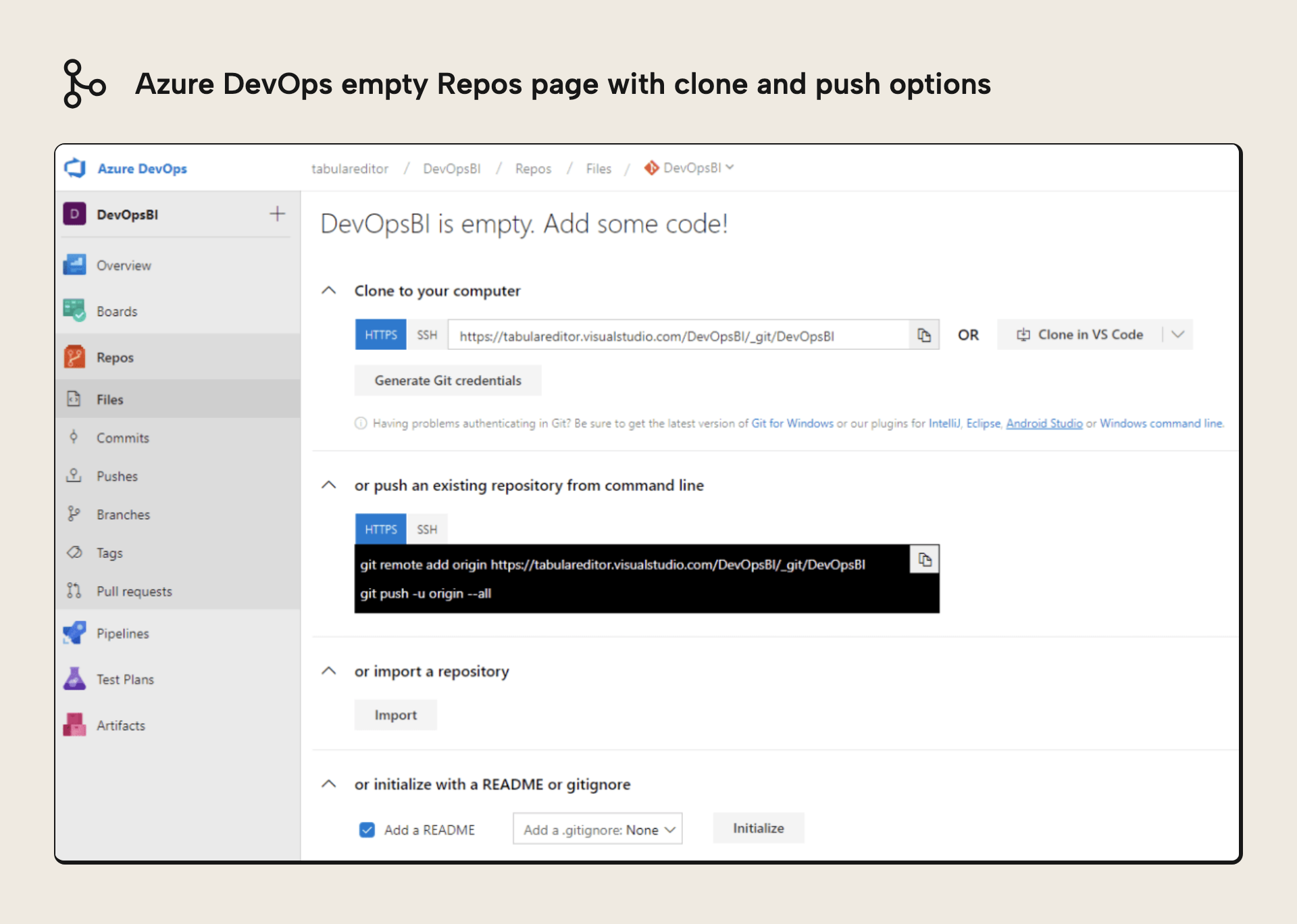 Azure DevOps Repos options for initializing a new Git repository