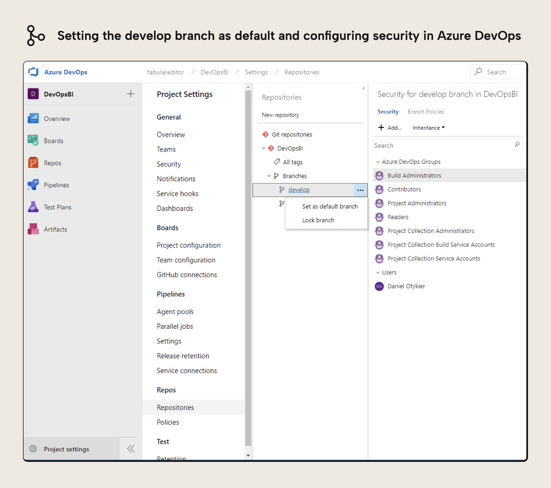 Setting the develop branch as the default branch in Azure DevOps project settings