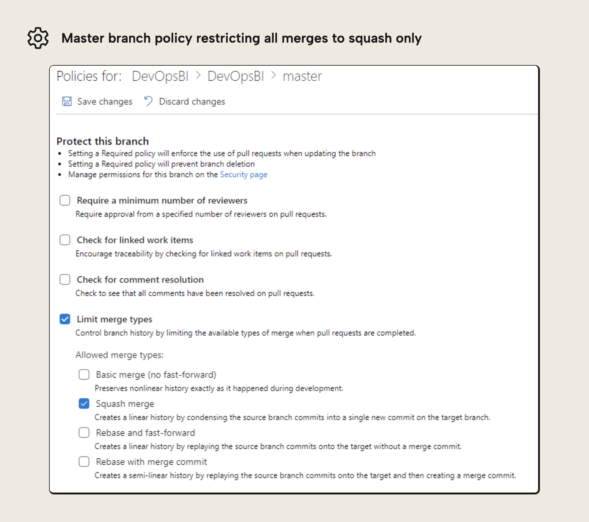 Limiting the master branch to squash merges in Azure DevOps branch policies