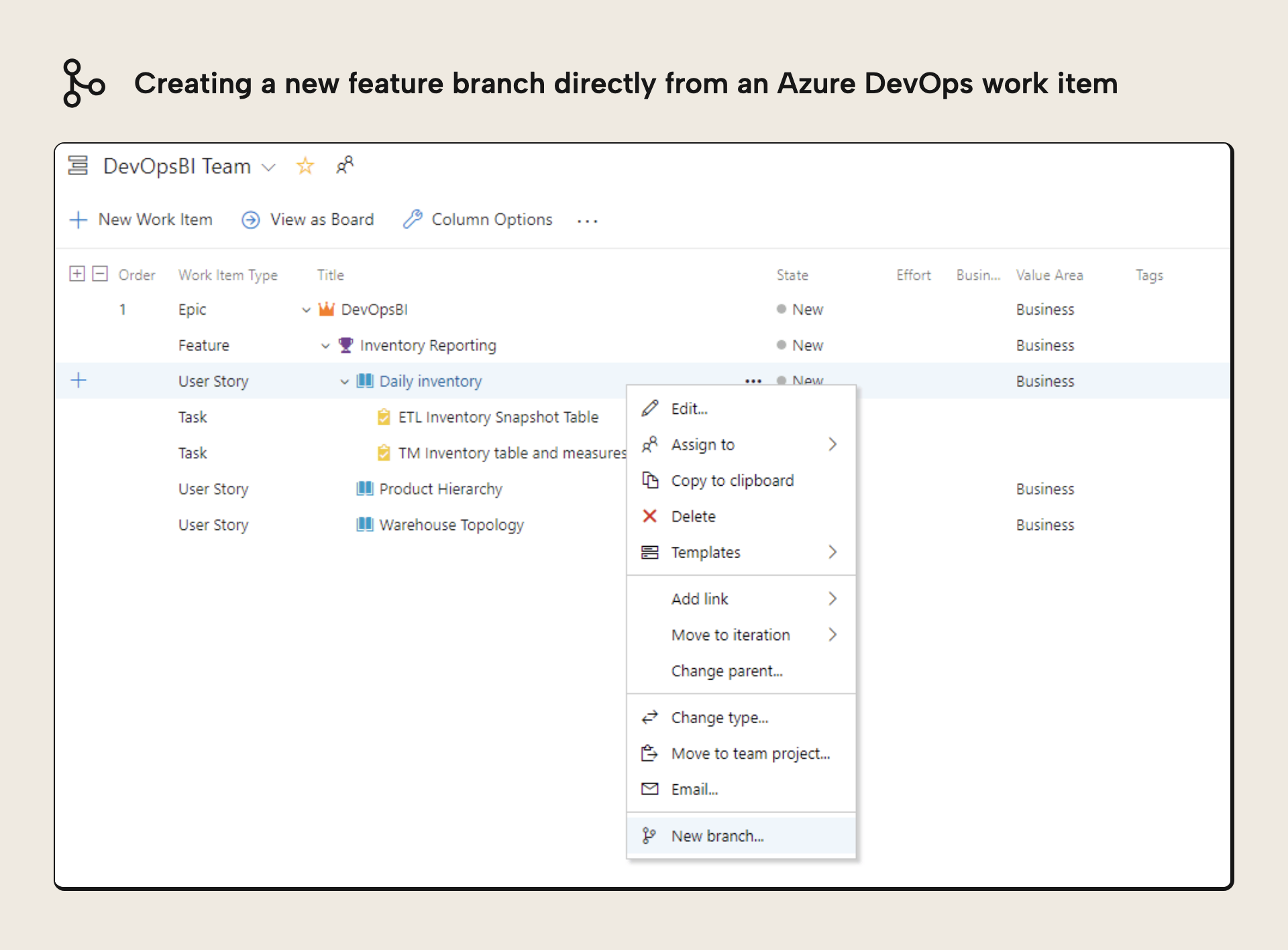 Creating a new branch directly from a work item in Azure DevOps