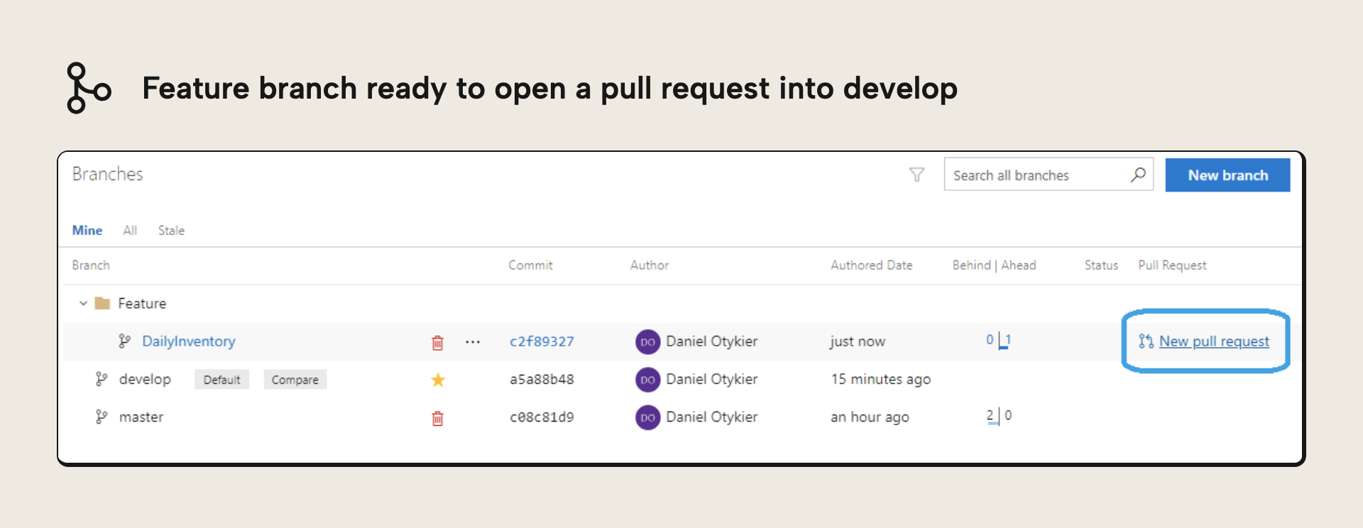 Creating a pull request from a feature branch into the develop branch