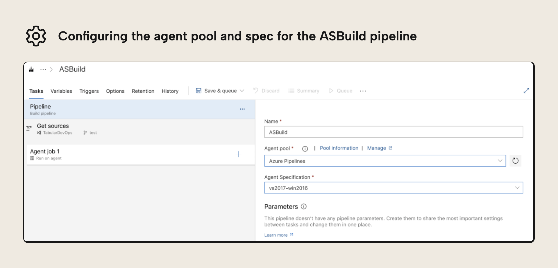 Naming the build pipeline and selecting the agent pool in Azure DevOps
