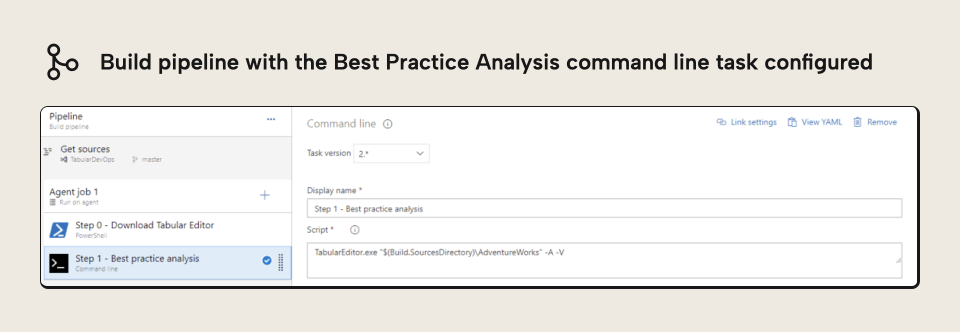 The build pipeline definition with the Best Practice Analysis command line task
