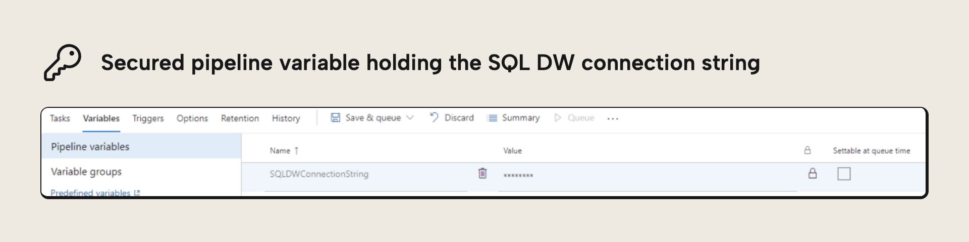 Adding a secured pipeline variable for the data source connection string