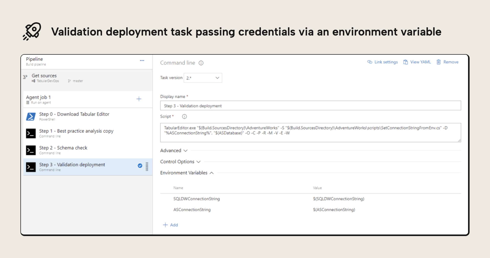 The validation deployment command line task passing credentials via an environment variable