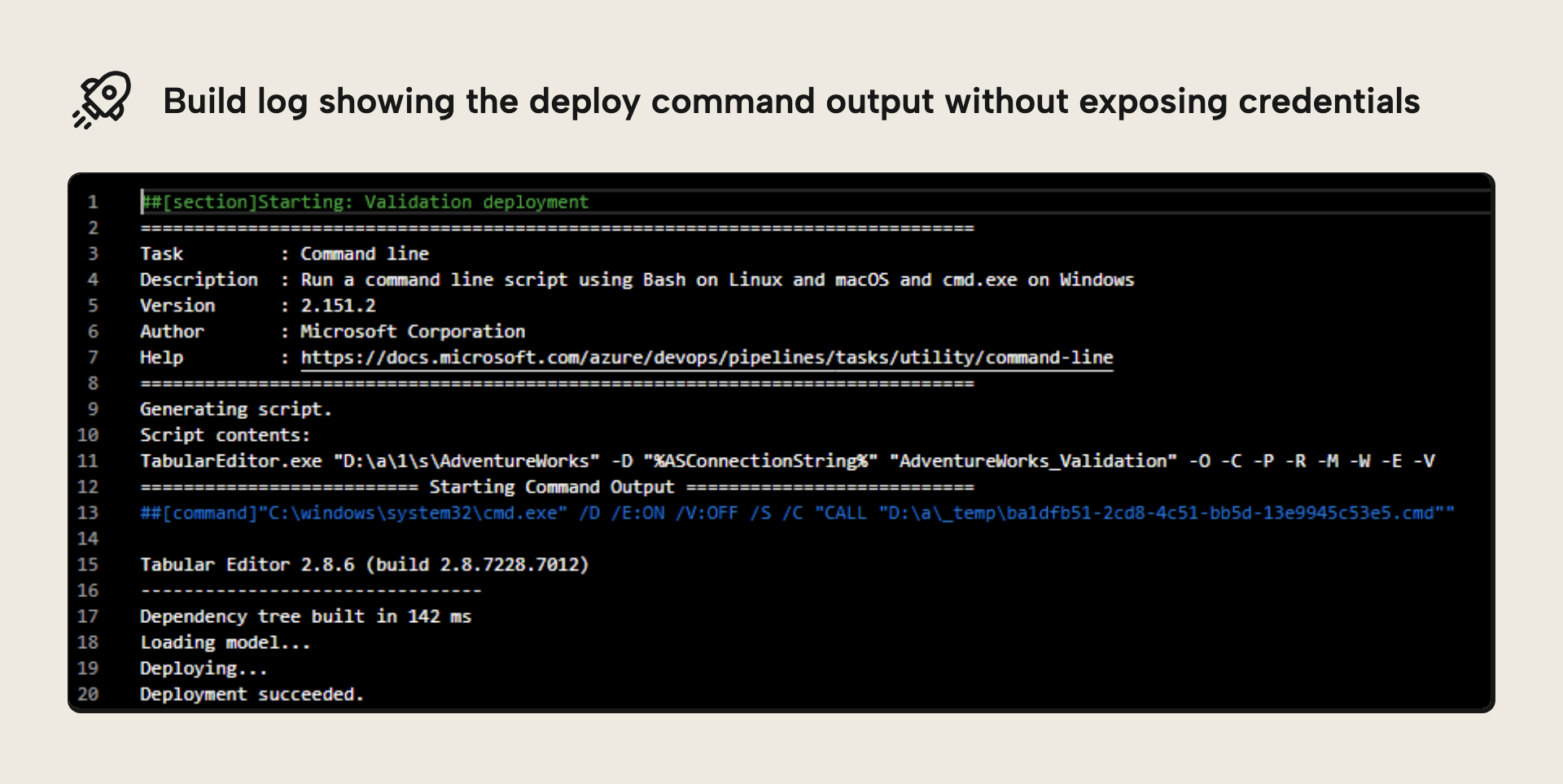 The build log showing the deploy command without exposing credentials