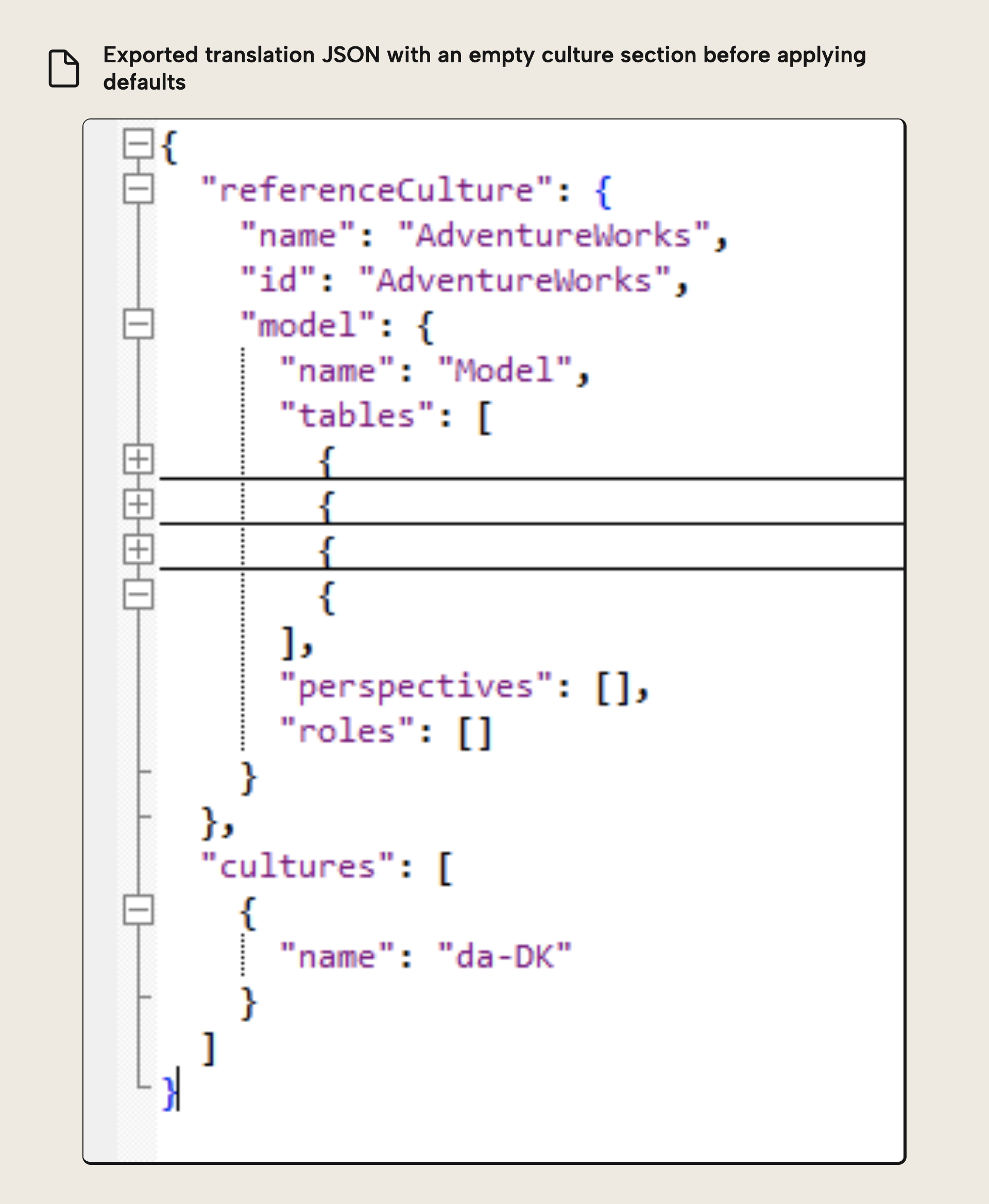 The exported .json translation file structure, with a referenceCulture section and an empty culture