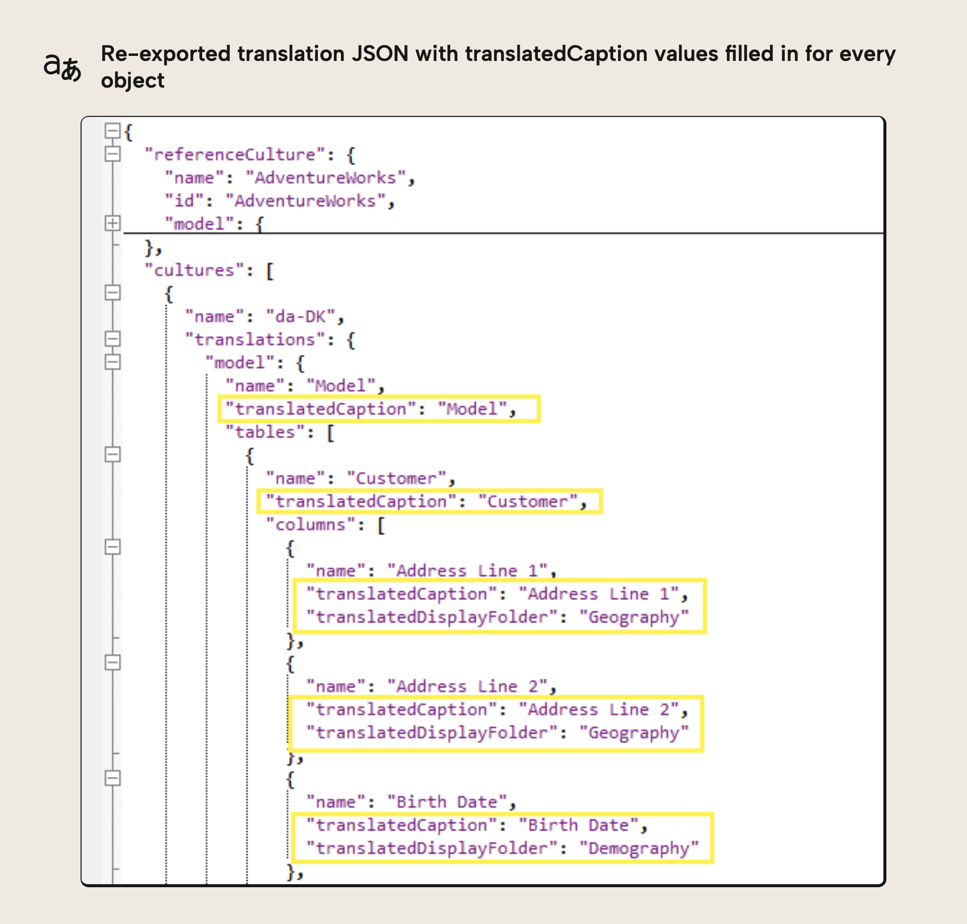 The re-exported .json file with default translatedCaption values filled in for every object