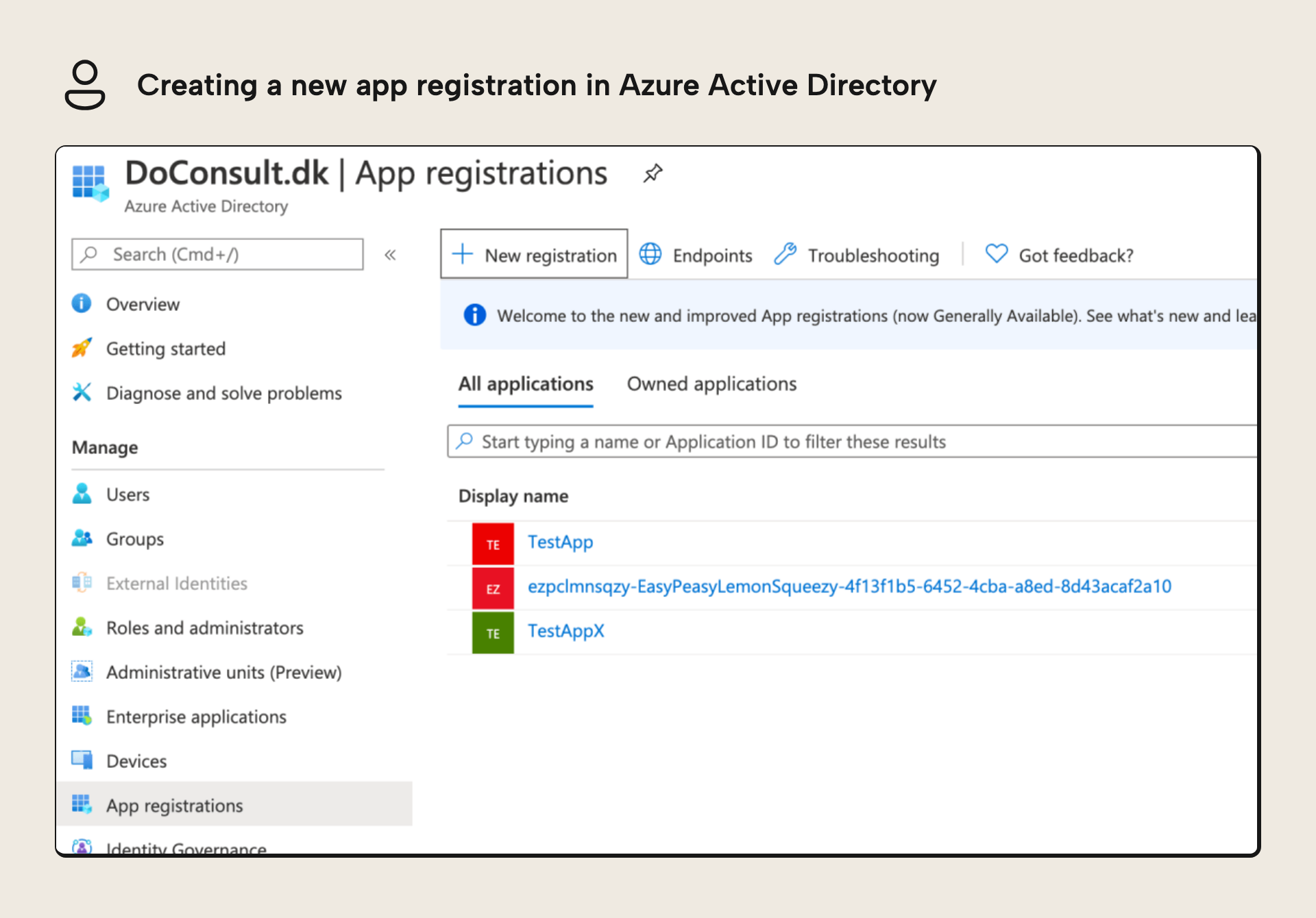 Creating a new app registration in Azure Active Directory