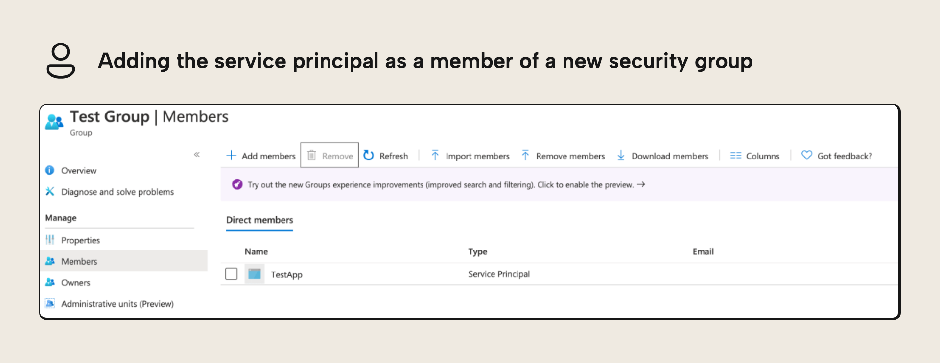 Adding the Service Principal as a member of a new security group