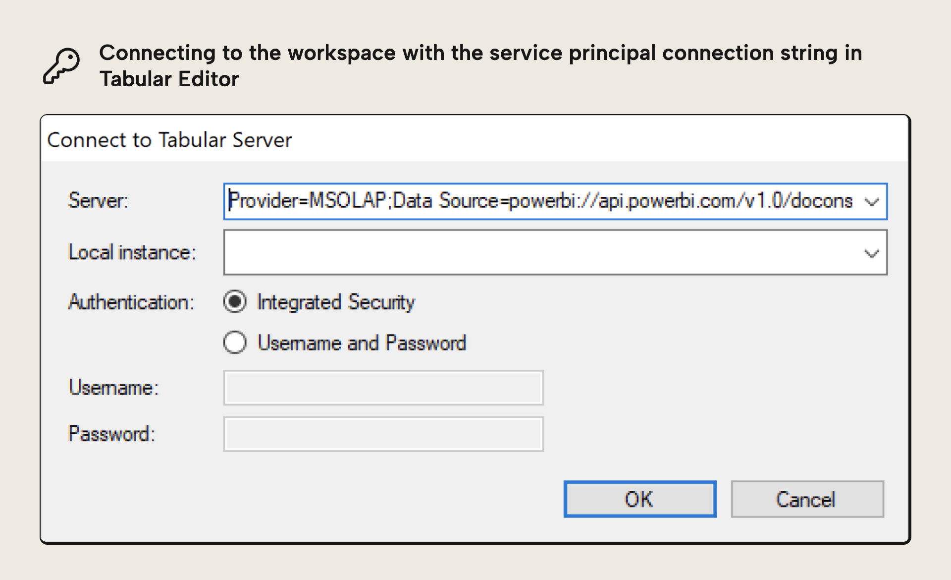 Connecting to the workspace with the Service Principal connection string in Tabular Editor