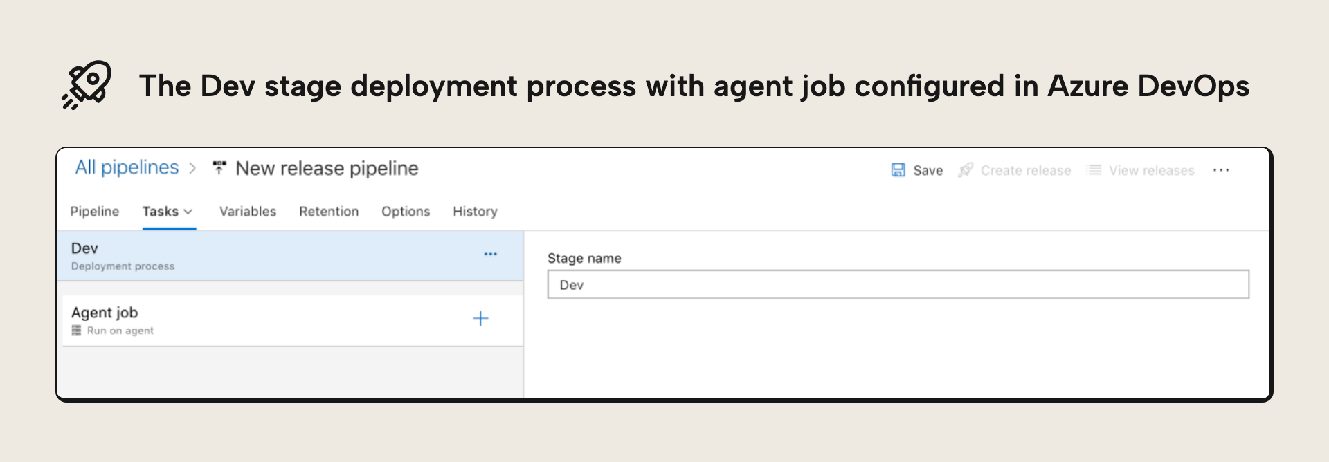 The Dev stage of the release pipeline with its tasks