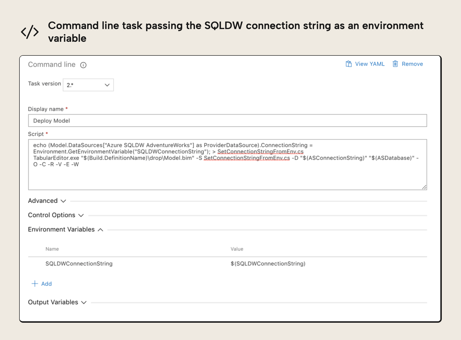 Passing the SQLDW connection string into the deploy task as an environment variable