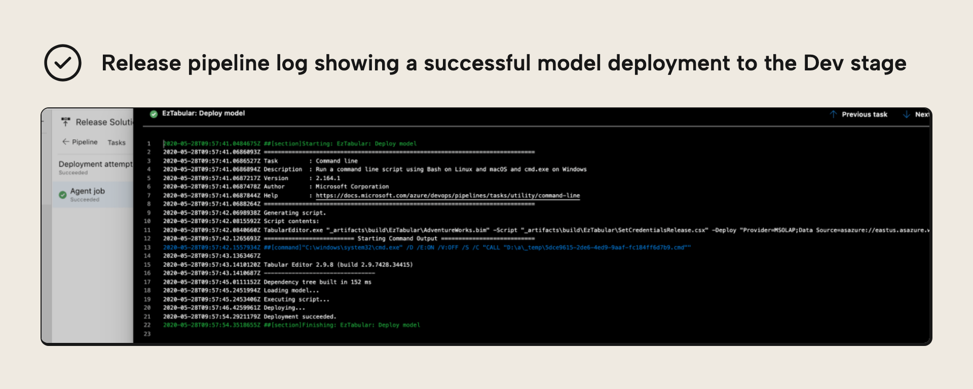 A successful deployment to the Dev stage in the release pipeline logs
