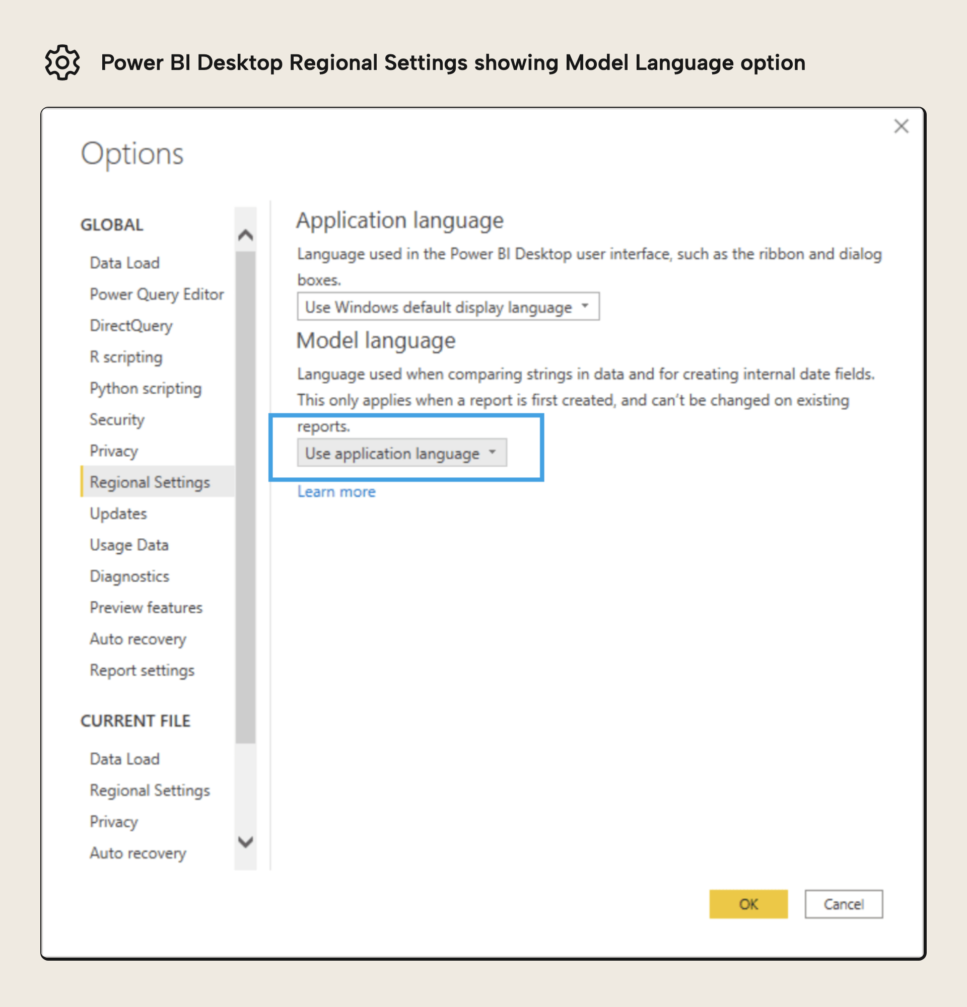 The Global Regional Settings that determine the default Model Language in Power BI Desktop