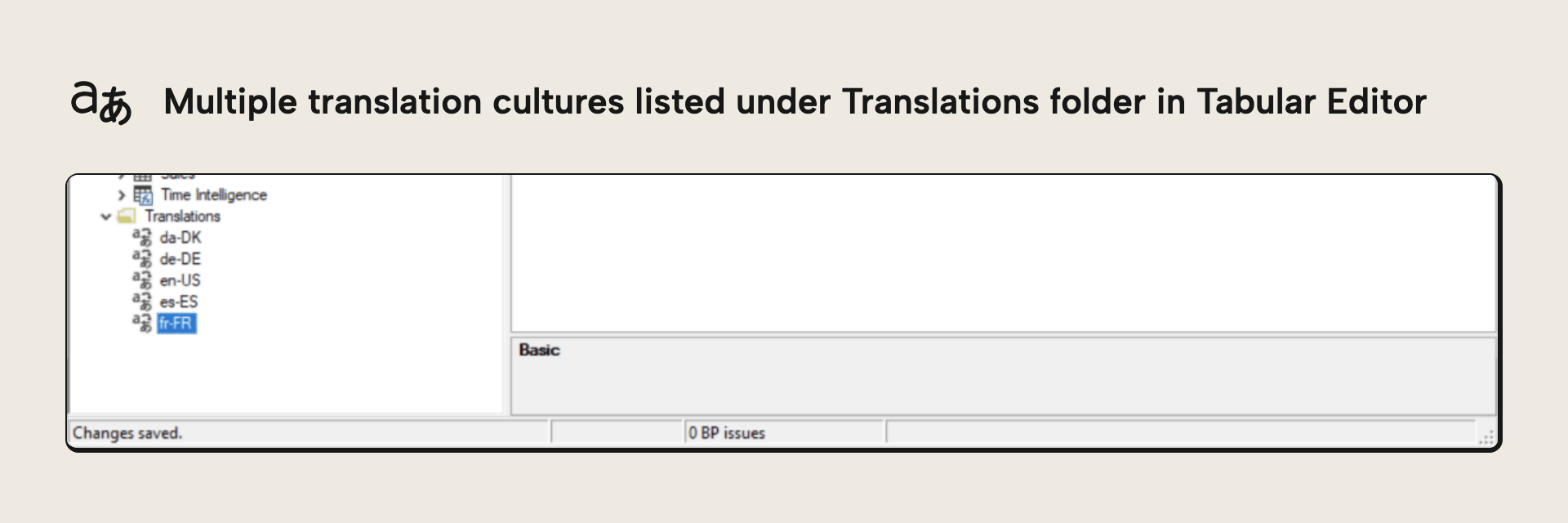 Several added languages shown under the Translations folder in Tabular Editor