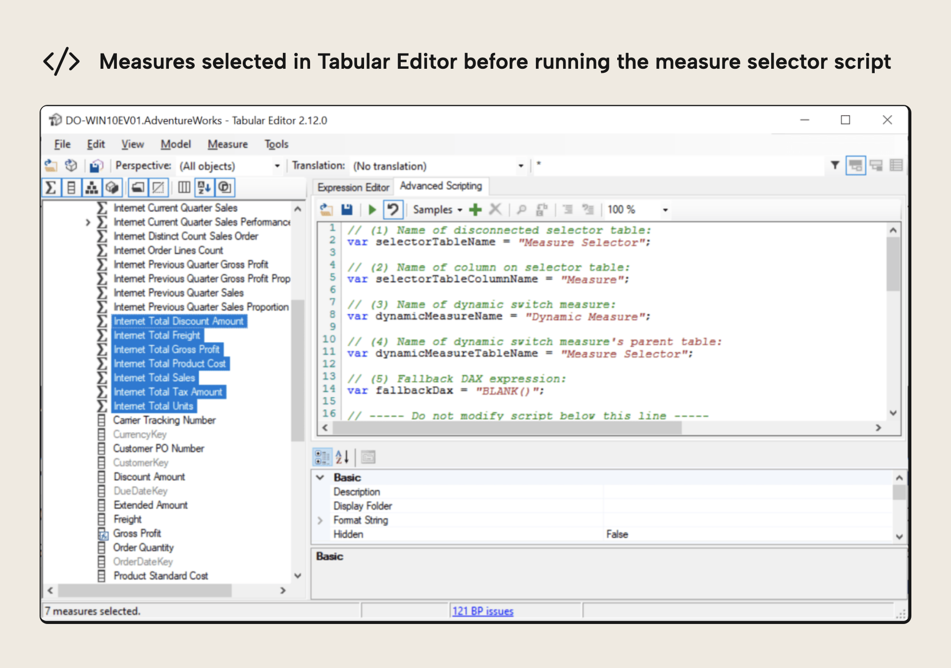 A selection of measures in the Tabular Editor explorer tree before running the script