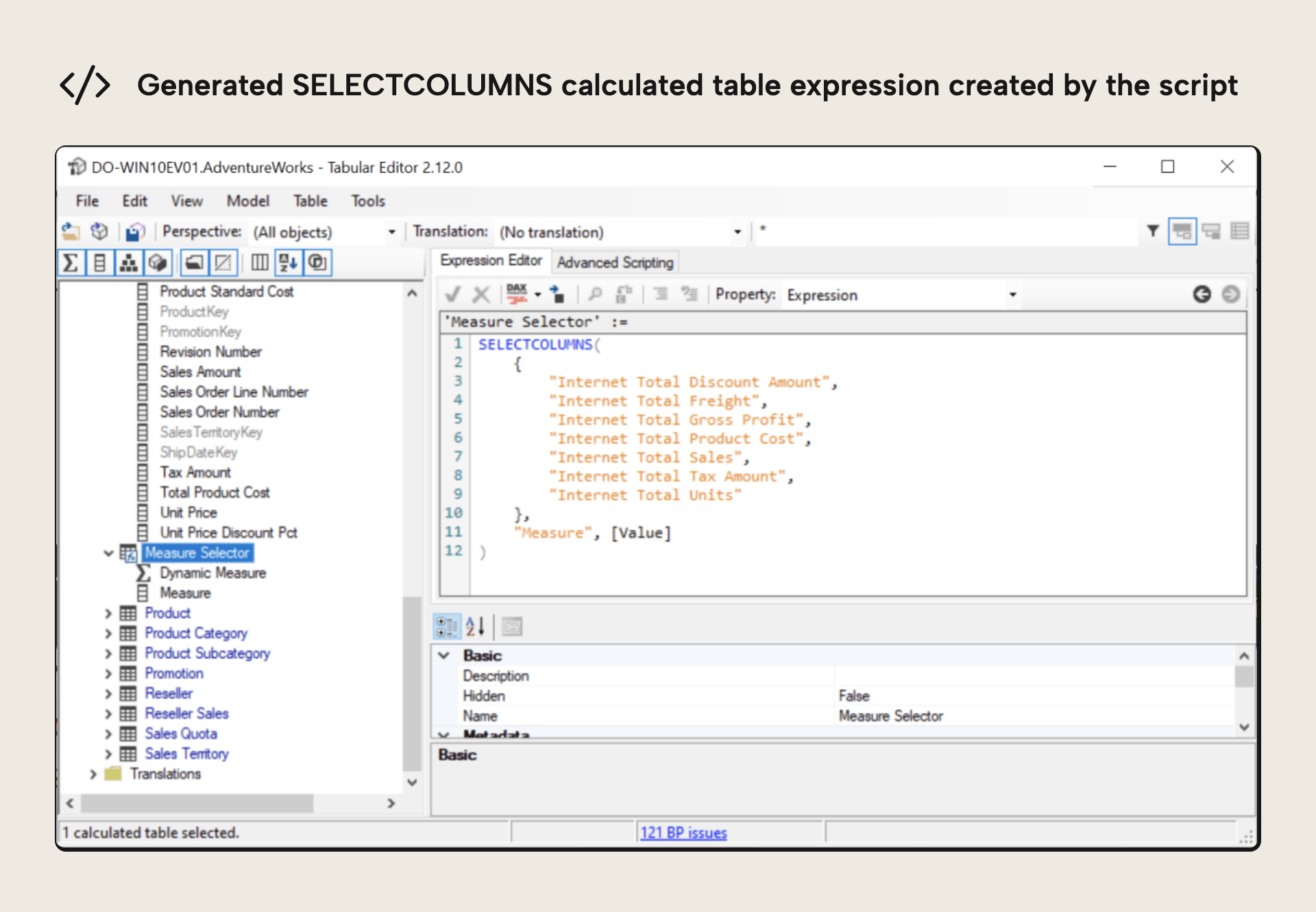 The generated calculated table expression using SELECTCOLUMNS