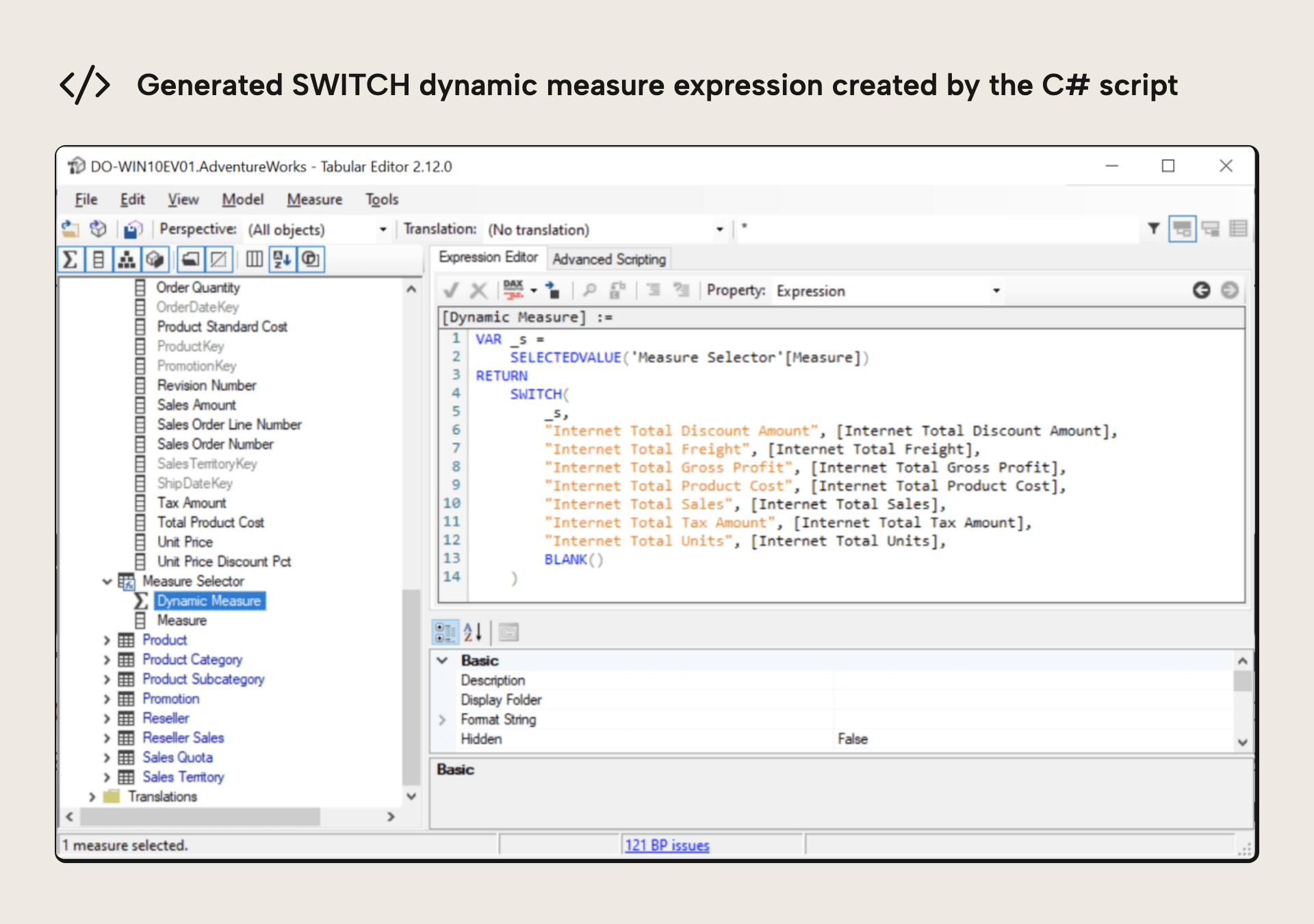 The generated dynamic switch measure expression using SELECTEDVALUE and SWITCH