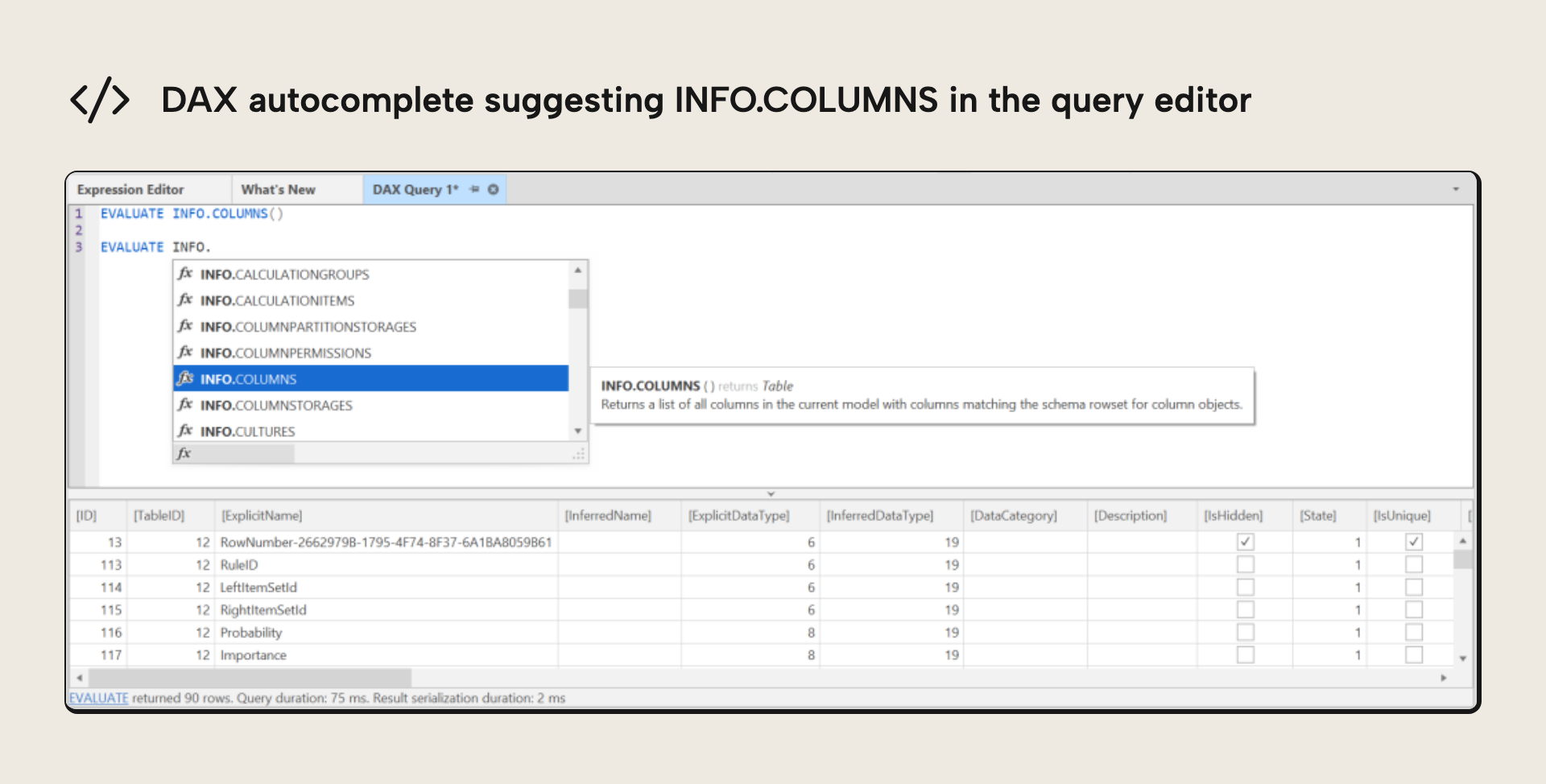 DAX autocomplete support for INFO.* functions