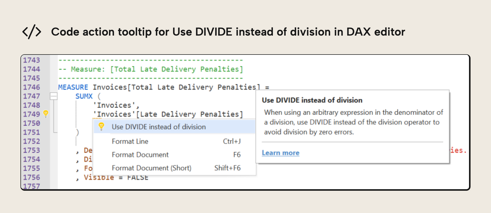 Code Action Tool tips