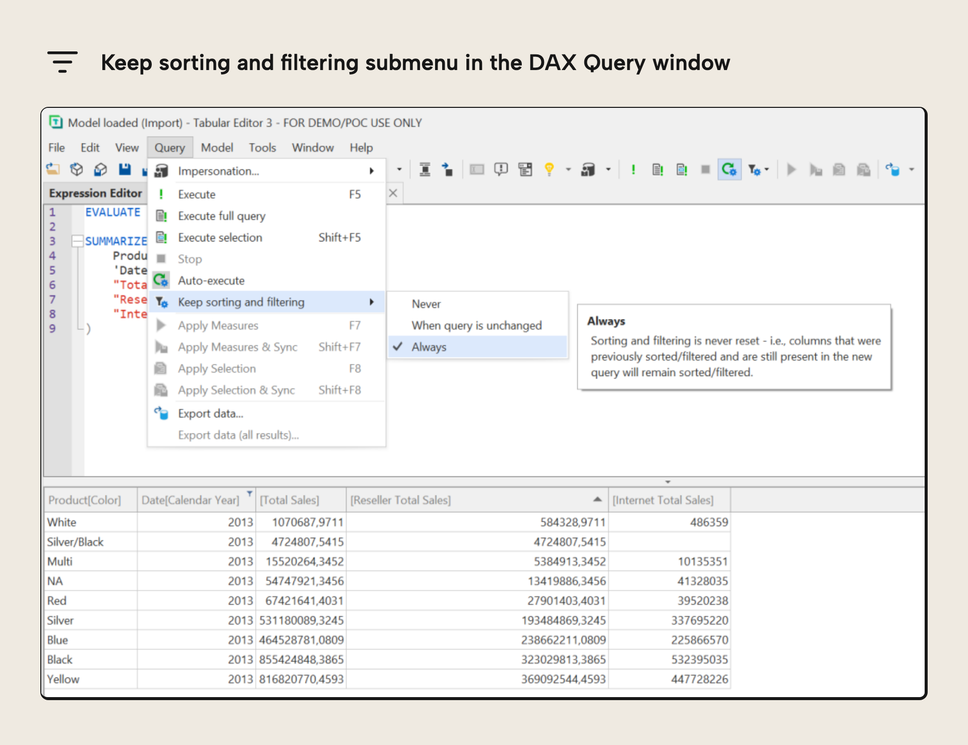 Dax Results Customization In Query