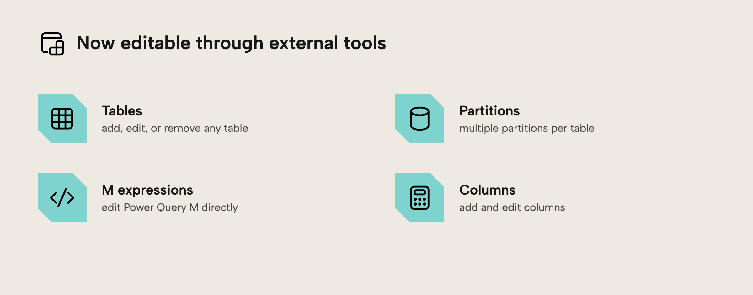 Tables, partitions, M expressions, and columns are now all editable through external tools in Power BI Desktop