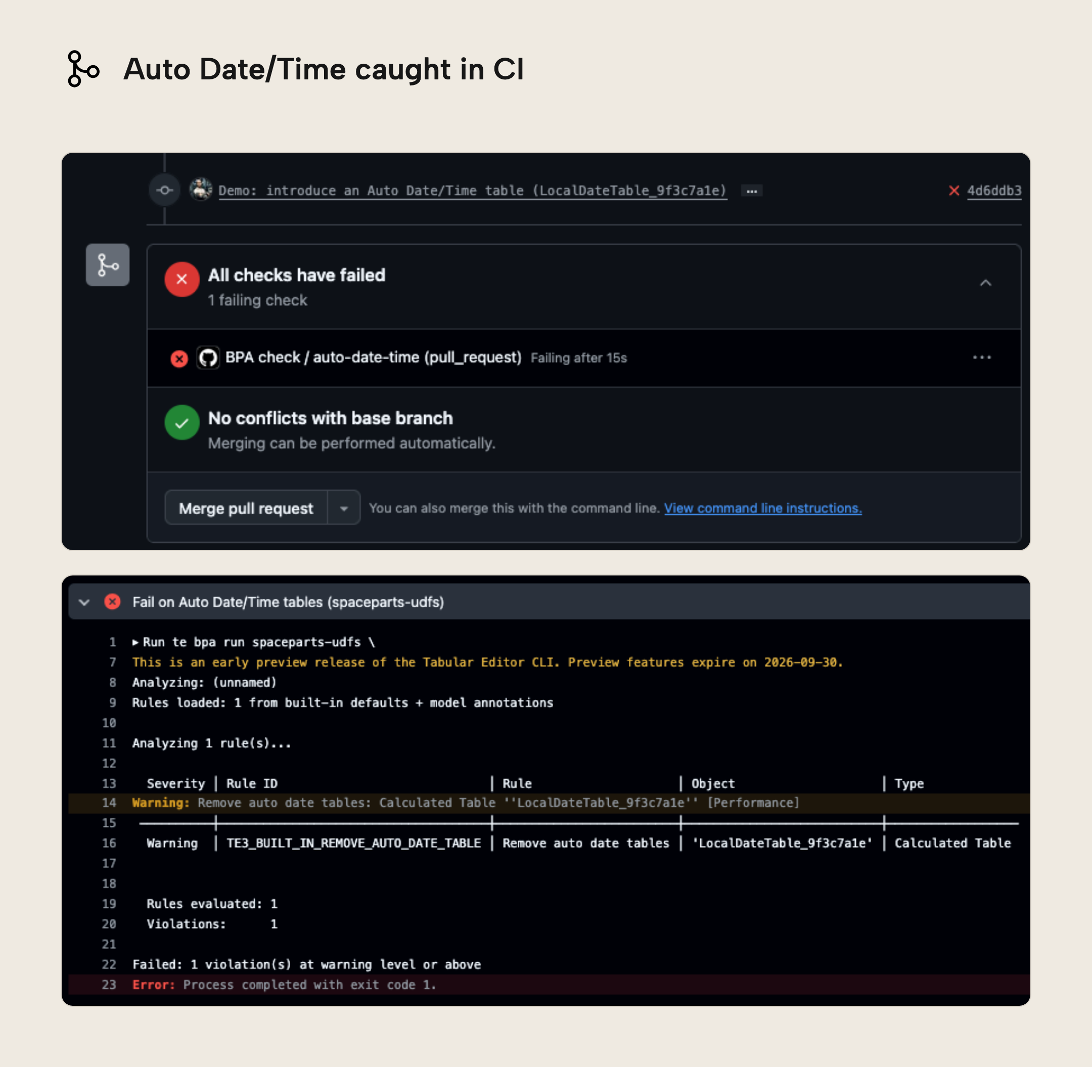 Two stacked GitHub screenshots: a pull request with a failing BPA check, and the CI log showing the te bpa run output that detected an Auto Date/Time table and exited with an error