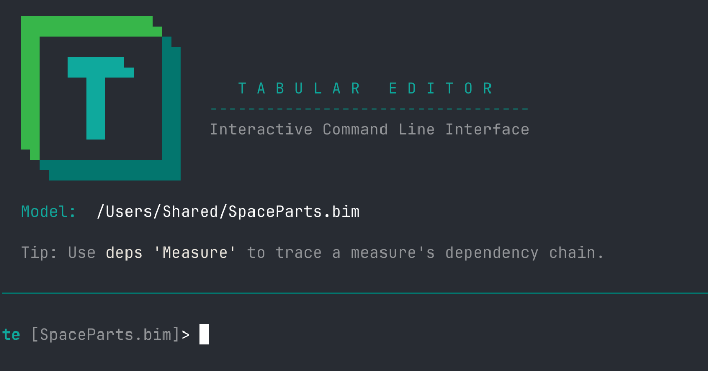 The Tabular Editor CLI interactive mode splash screen with a loaded model and command prompt