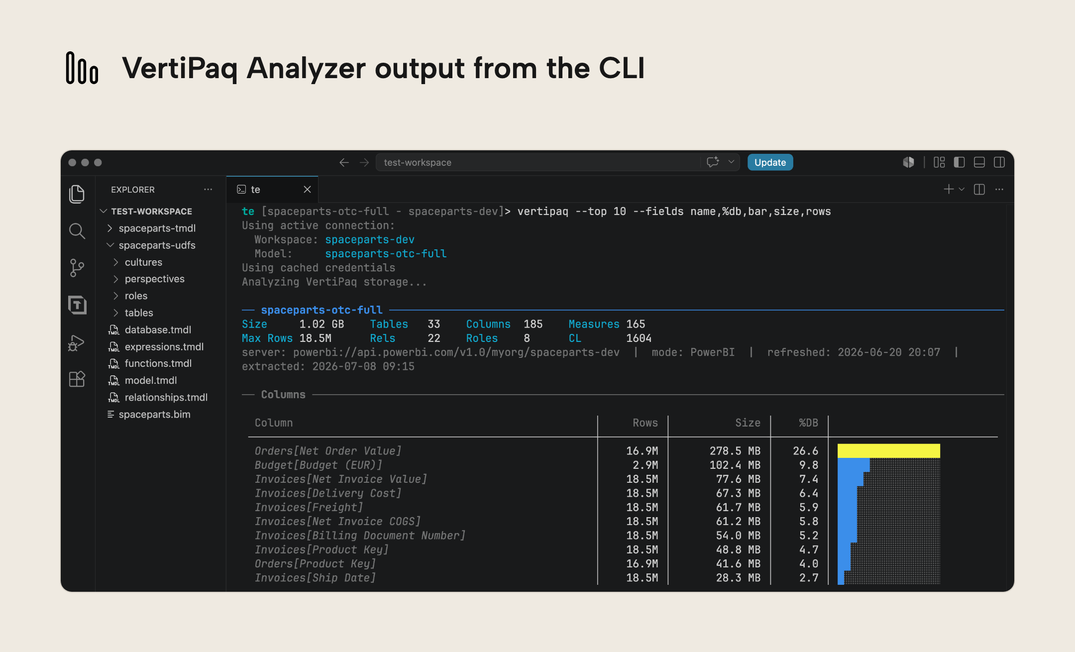 VertiPaq Analyzer output from te vertipaq --top 10 on macOS, listing the largest columns ranked by size and share of the model
